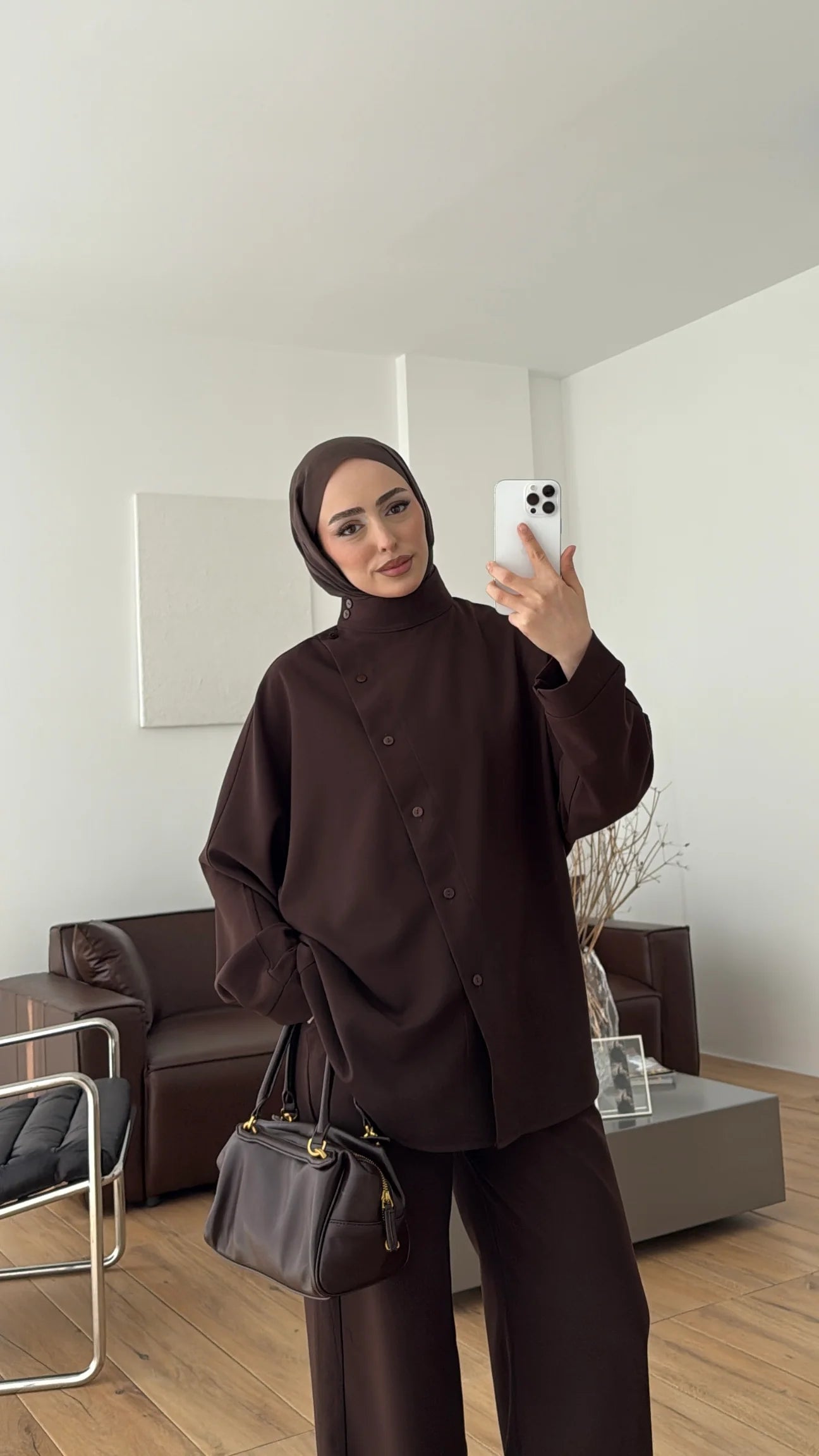 Belted side buttons shirt ,waistband straight leg trouser co-ord set-brown