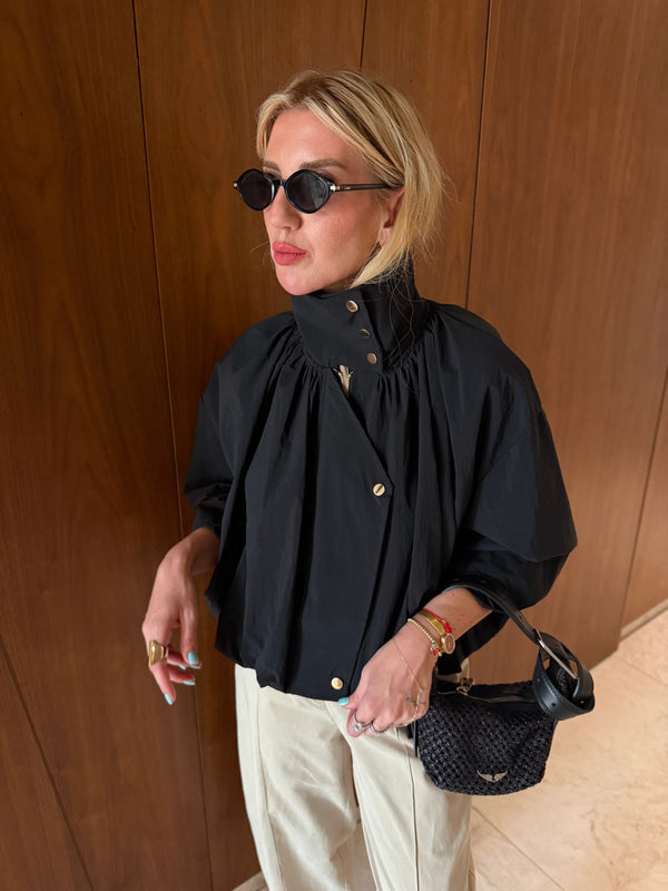 Parachute fabric High-Neck Bomber with gold snaps  - black
