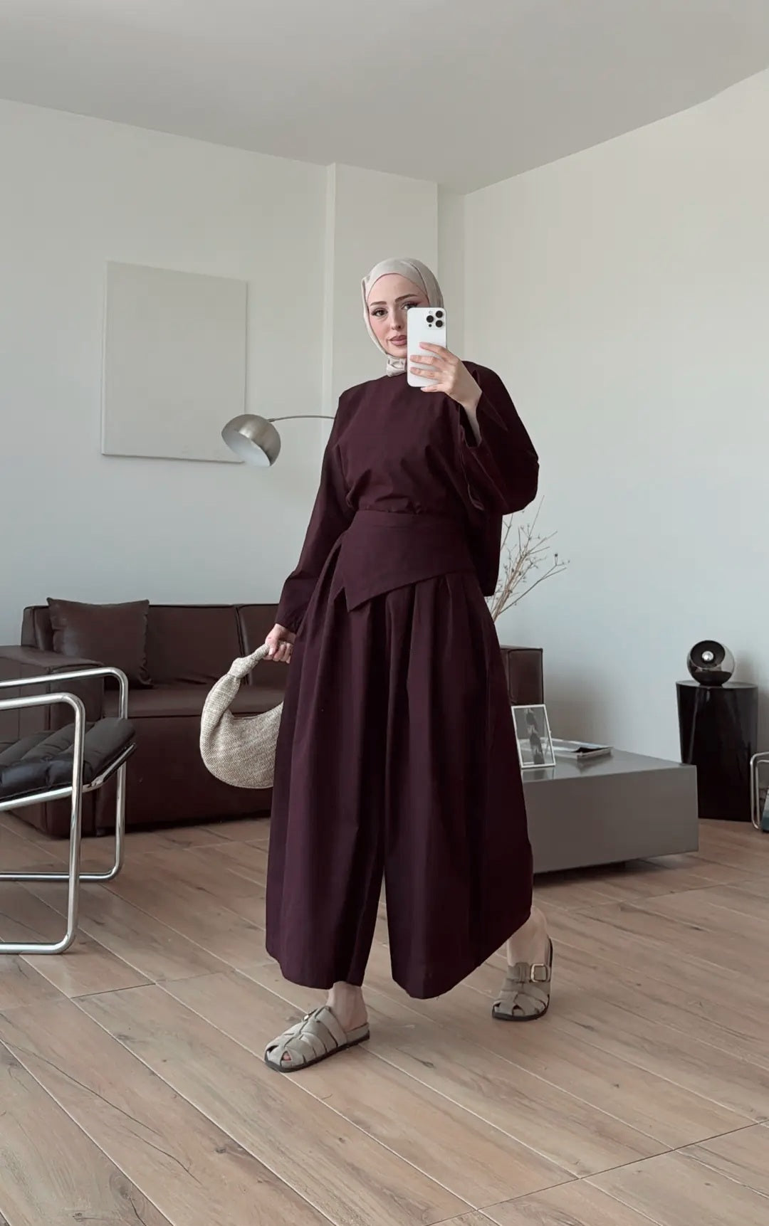 Wide sleeve blouse, Wide-leg trouser with Asymmetric attached Linen Suit