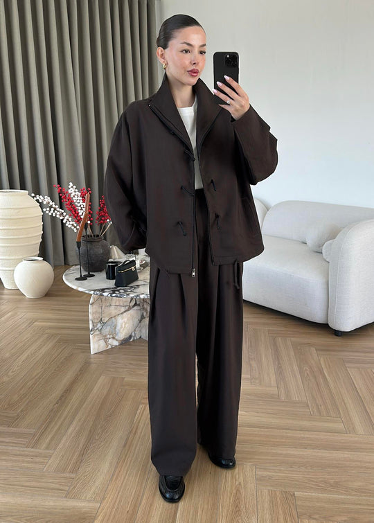 Ivory Zip-Up Co-Ord Set with Mandarin Knot Buttons in Brown
