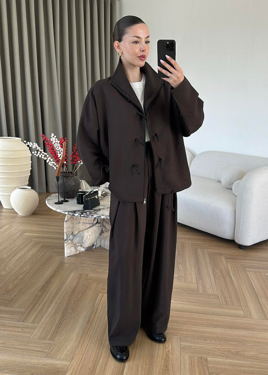 Ivory Zip-Up Co-Ord Set with Mandarin Knot Buttons in Brown