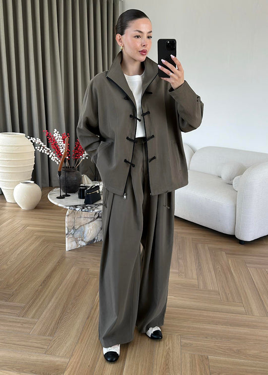 Ivory Zip-Up Co-Ord Set with Mandarin Knot Buttons in khaki