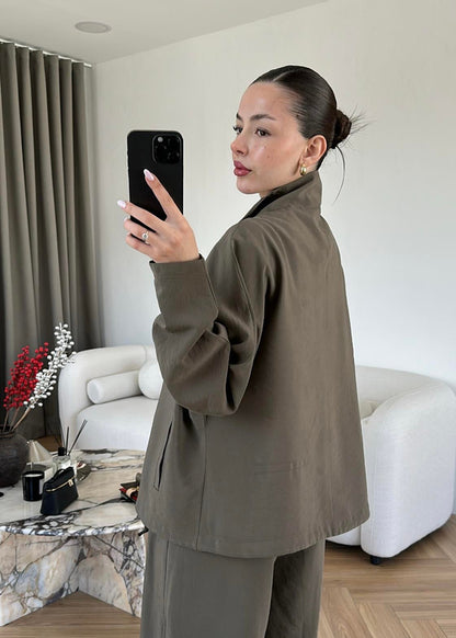 Ivory Zip-Up Co-Ord Set with Mandarin Knot Buttons in khaki