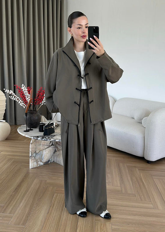 Ivory Zip-Up Co-Ord Set with Mandarin Knot Buttons in khaki