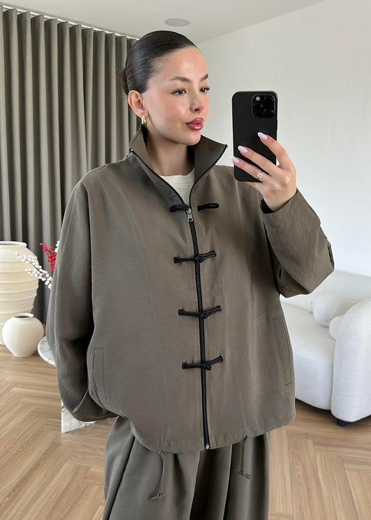 Ivory Zip-Up Co-Ord Set with Mandarin Knot Buttons in khaki