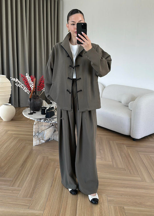 Ivory Zip-Up Co-Ord Set with Mandarin Knot Buttons in khaki
