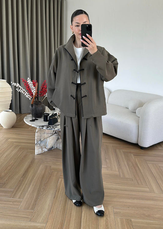 Ivory Zip-Up Co-Ord Set with Mandarin Knot Buttons in khaki