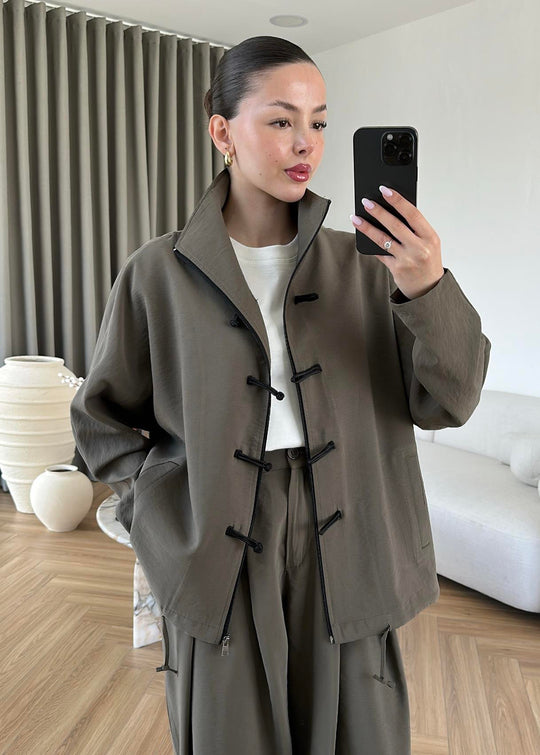 Ivory Zip-Up Co-Ord Set with Mandarin Knot Buttons in khaki