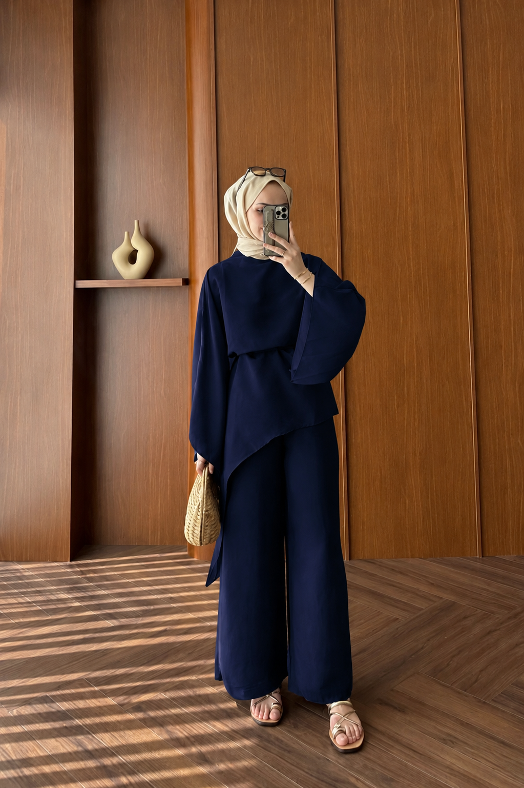 Asymmetric wide sleeve belted top ,waistband wide leg Set - navy blue