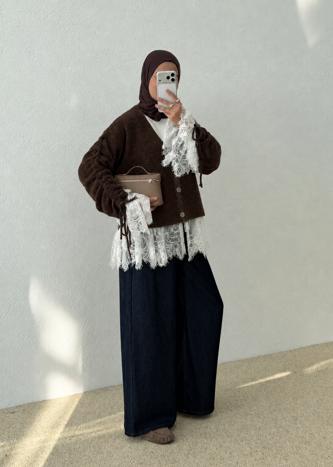 Premium Cardigan with Lace Trim - brown