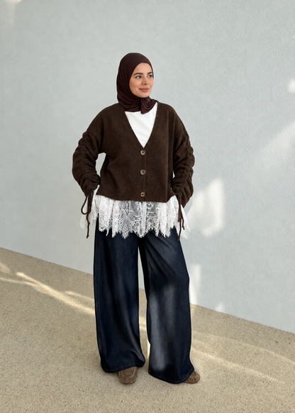 Premium Cardigan with Lace Trim - brown