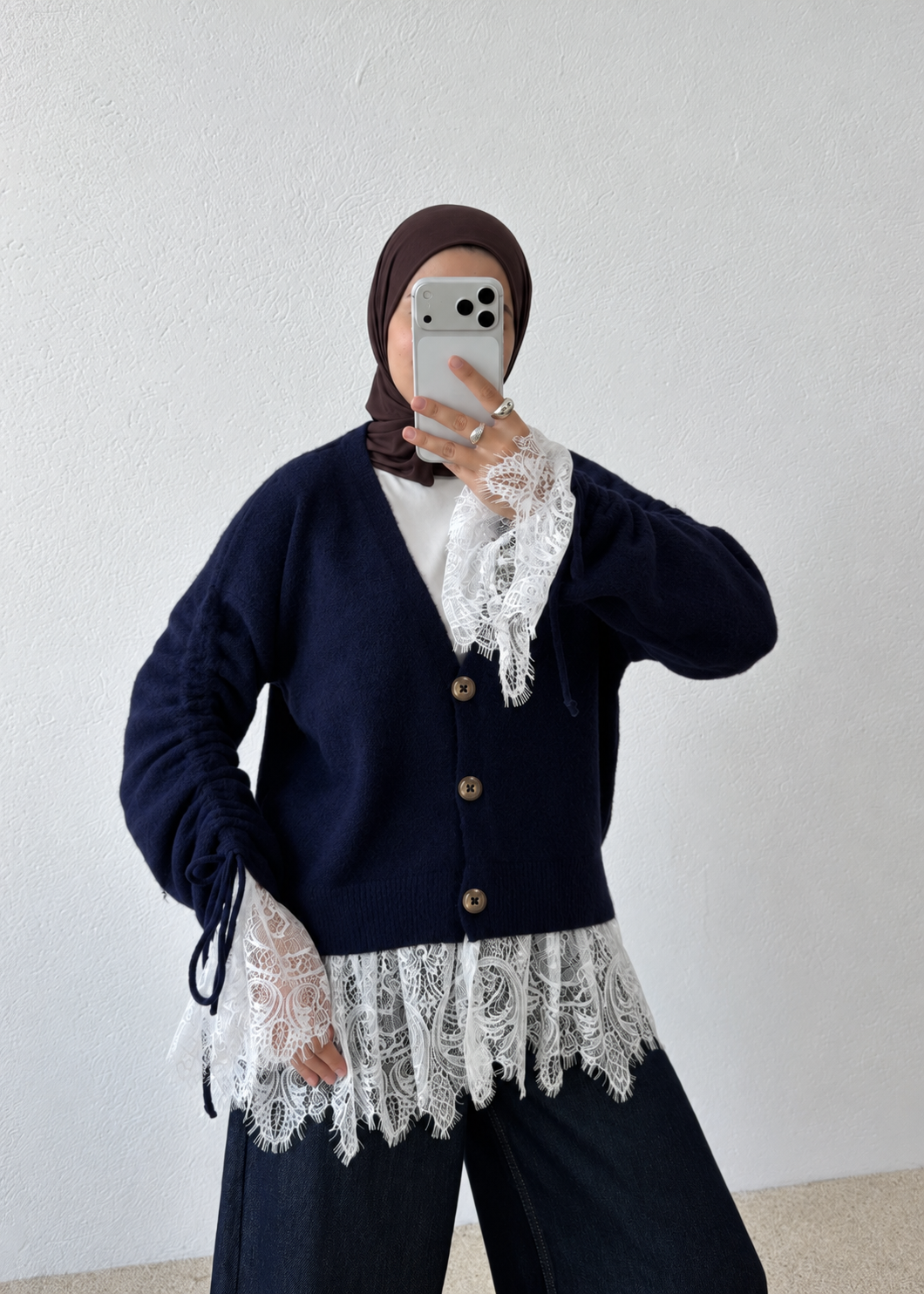 Premium Cardigan with Lace Trim - navy blue