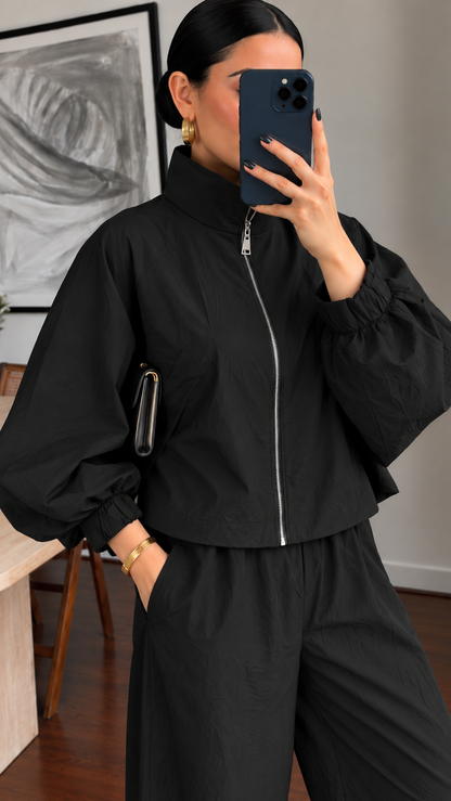 Parachute fabric wide sleeve tracksuit- black