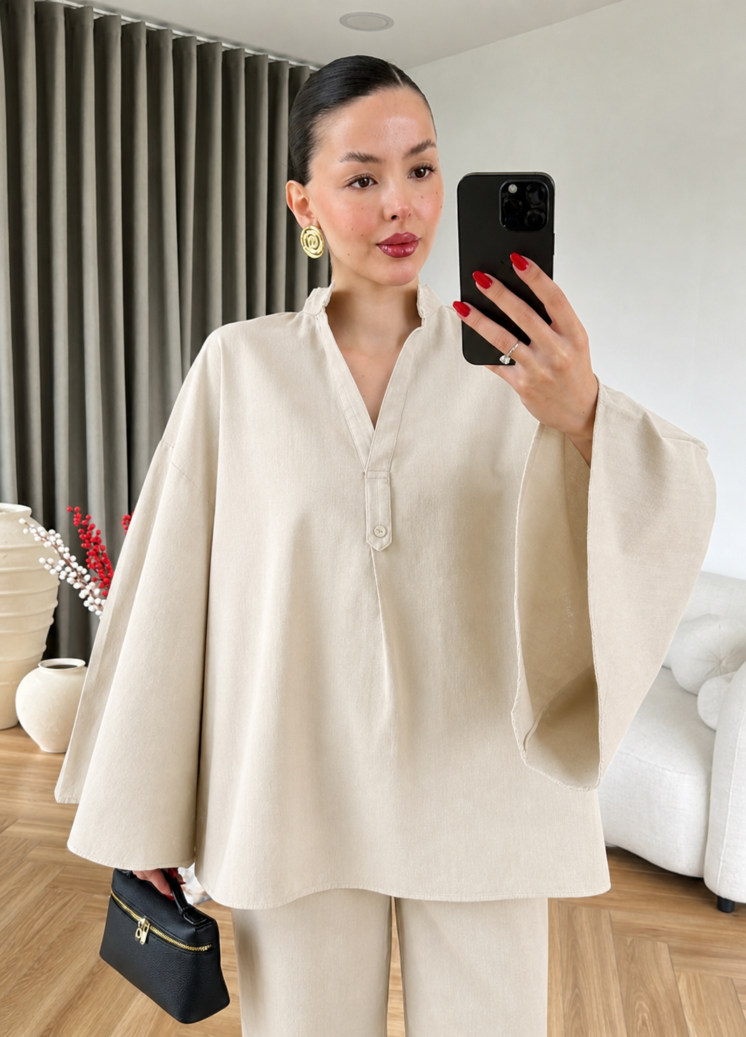 Wide sleeve blouse with waistband straight leg trouser linen set