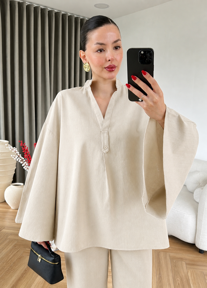 Wide sleeve blouse with waistband straight leg trouser linen set