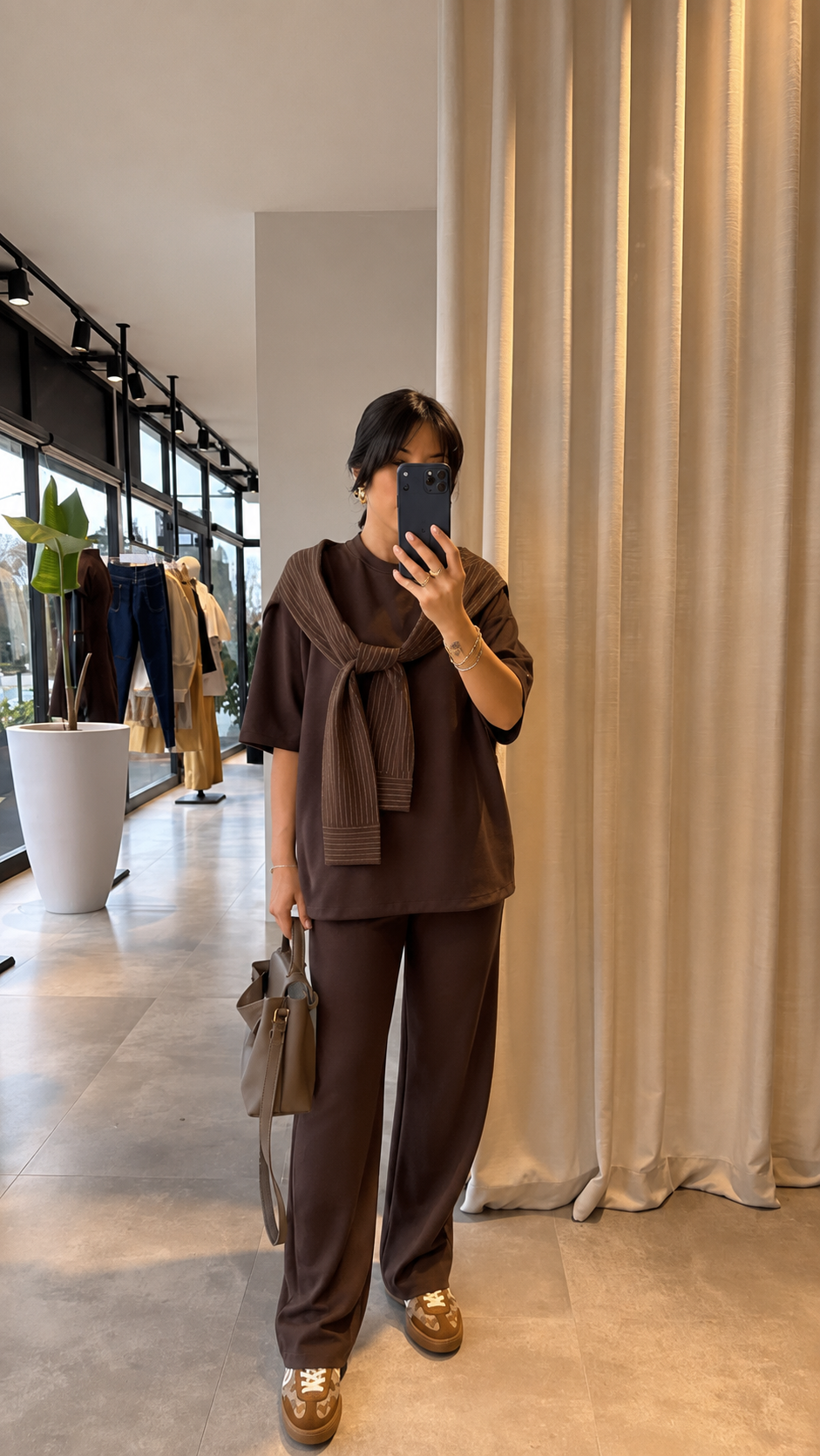 Oysho fabric tracksuit with poplin fabric scarf detail-brown