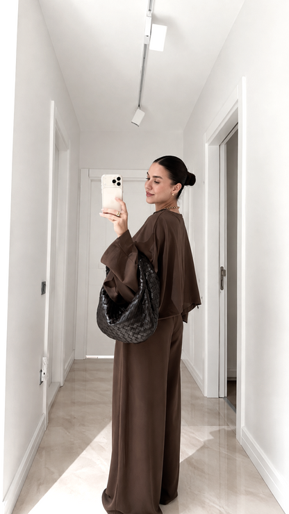 Cropped blouse Batwing Sleeve Detail Trousers Set - brown