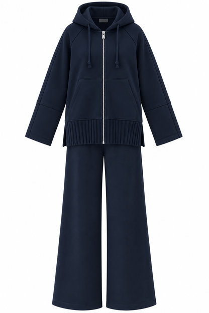 modal fabric hooded zipper jacket with knitted details - navy blue