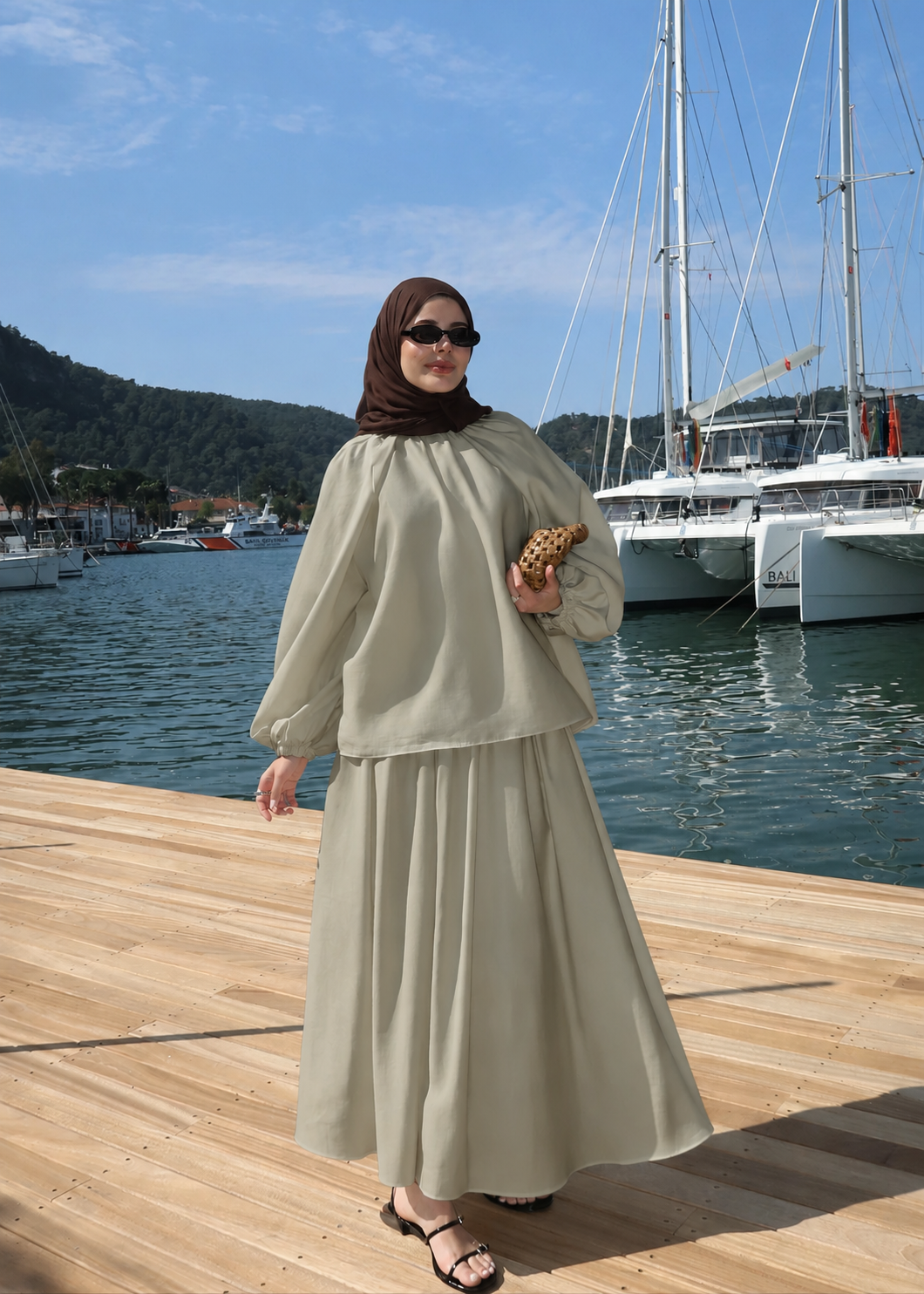 Designer Blouse waist detailed  Skirt Set - light olive green