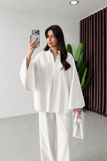 Wide sleeve blouse with waistband straight leg trouser linen set