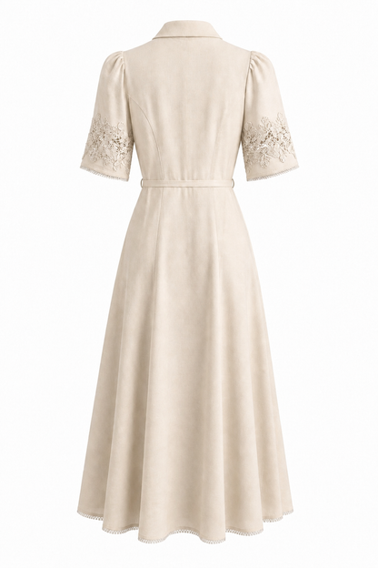 Beige Dress with Lace Detail on Sleeves