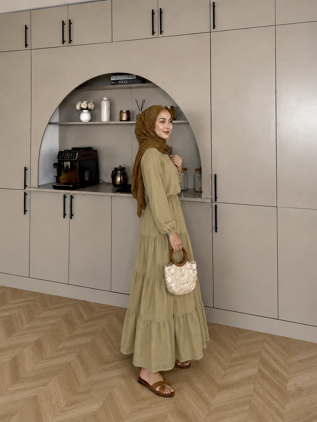 Balloon Sleeve Blouse paired with a maxi skirt - Muted Olive Sage