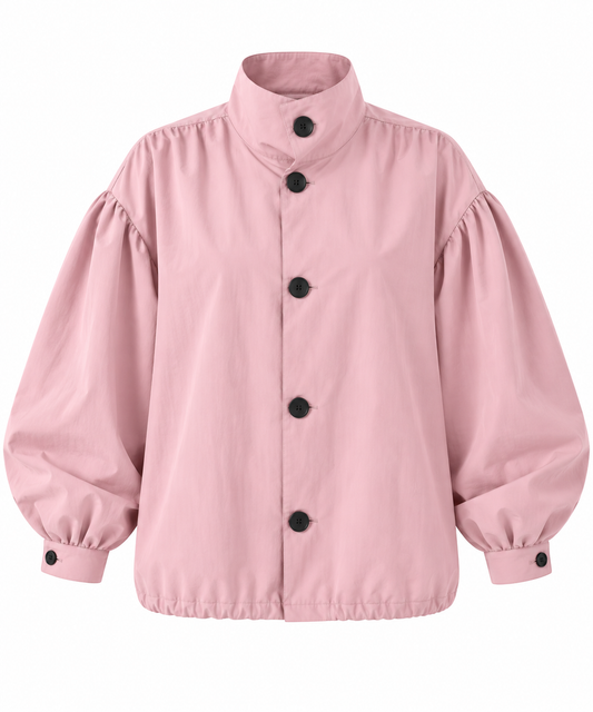 Gathered Stand-Up Collar Bomber Jacket - dusty pink