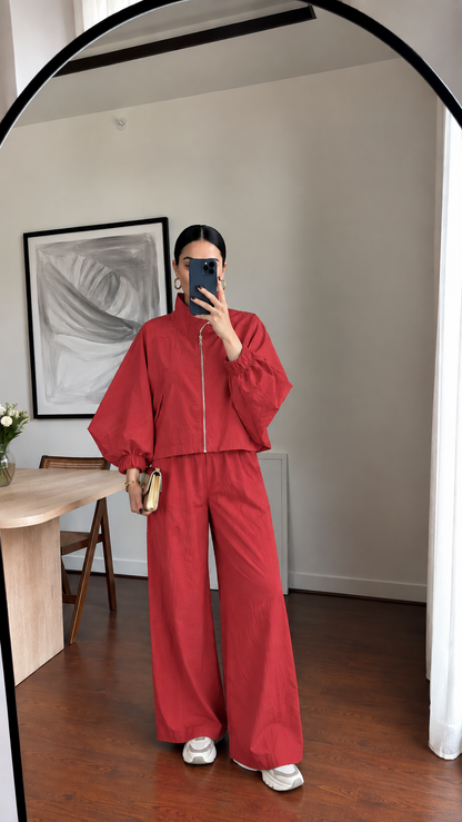 Parachute fabric wide sleeve tracksuit- red