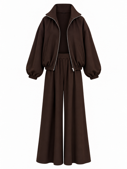 Oversized bomber with wide leg trouser co-ord set- brown