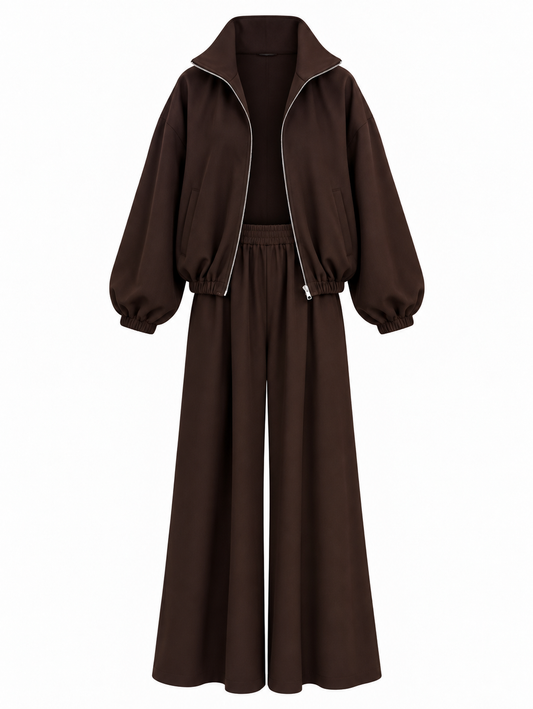 Oversized bomber with wide leg trouser co-ord set- brown