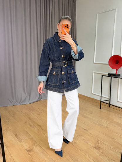 Gold buttons Belted jeans jacket