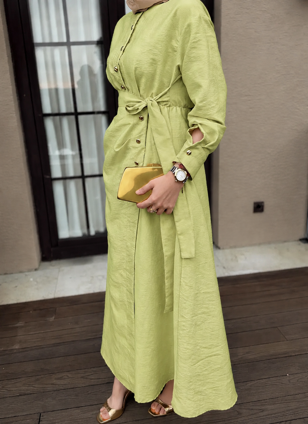 Wrap Dress in Cupro Fabric with Gold Buttons