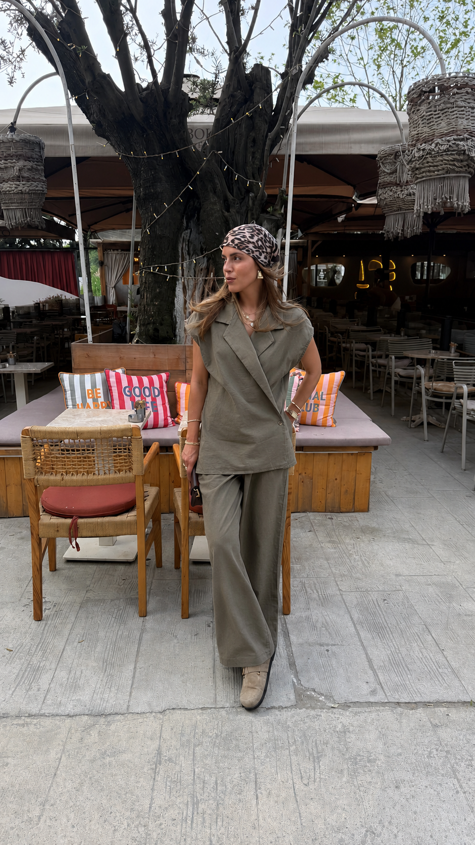 Zara model premium linen vest set-olive green