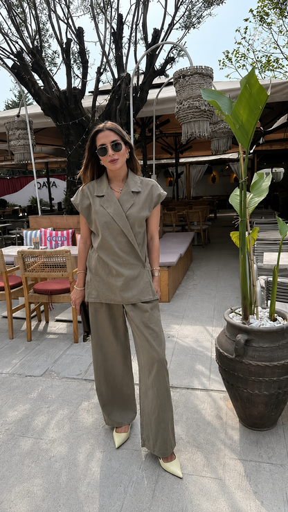 Zara model premium linen vest set-olive green