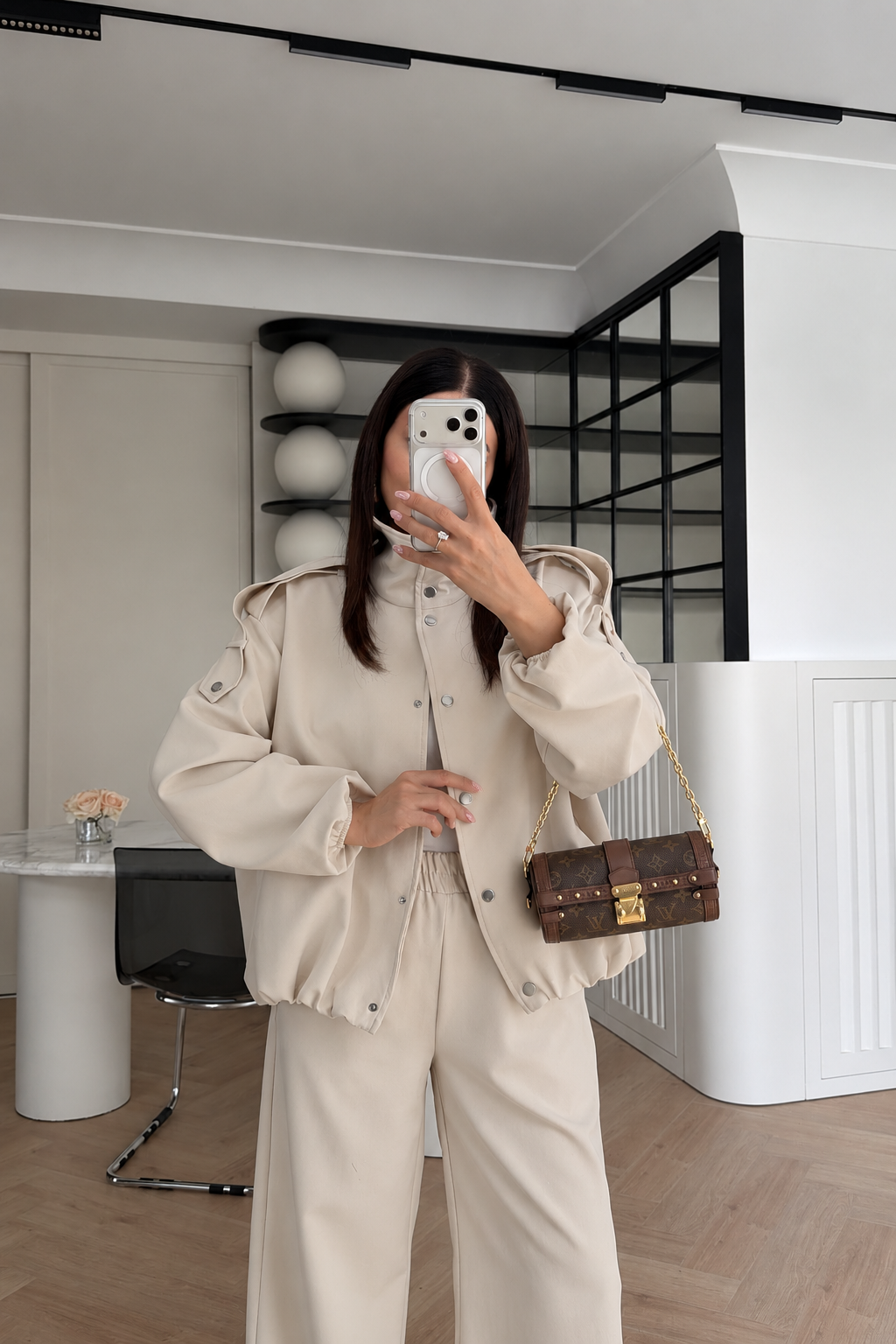 Bomber Suit with Epaulets and Stand-Up Collar - beige