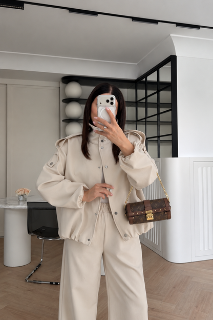 Bomber Suit with Epaulets and Stand-Up Collar - beige