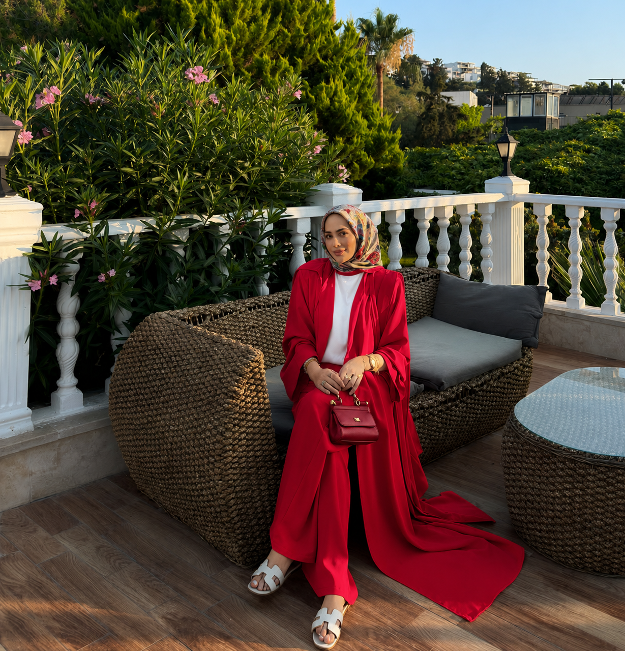 Long jacket with tie details, waistband wide leg trouser co-ord set -red
