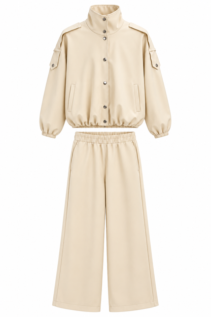 Bomber Suit with Epaulets and Stand-Up Collar - beige