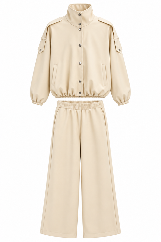 Bomber Suit with Epaulets and Stand-Up Collar - beige