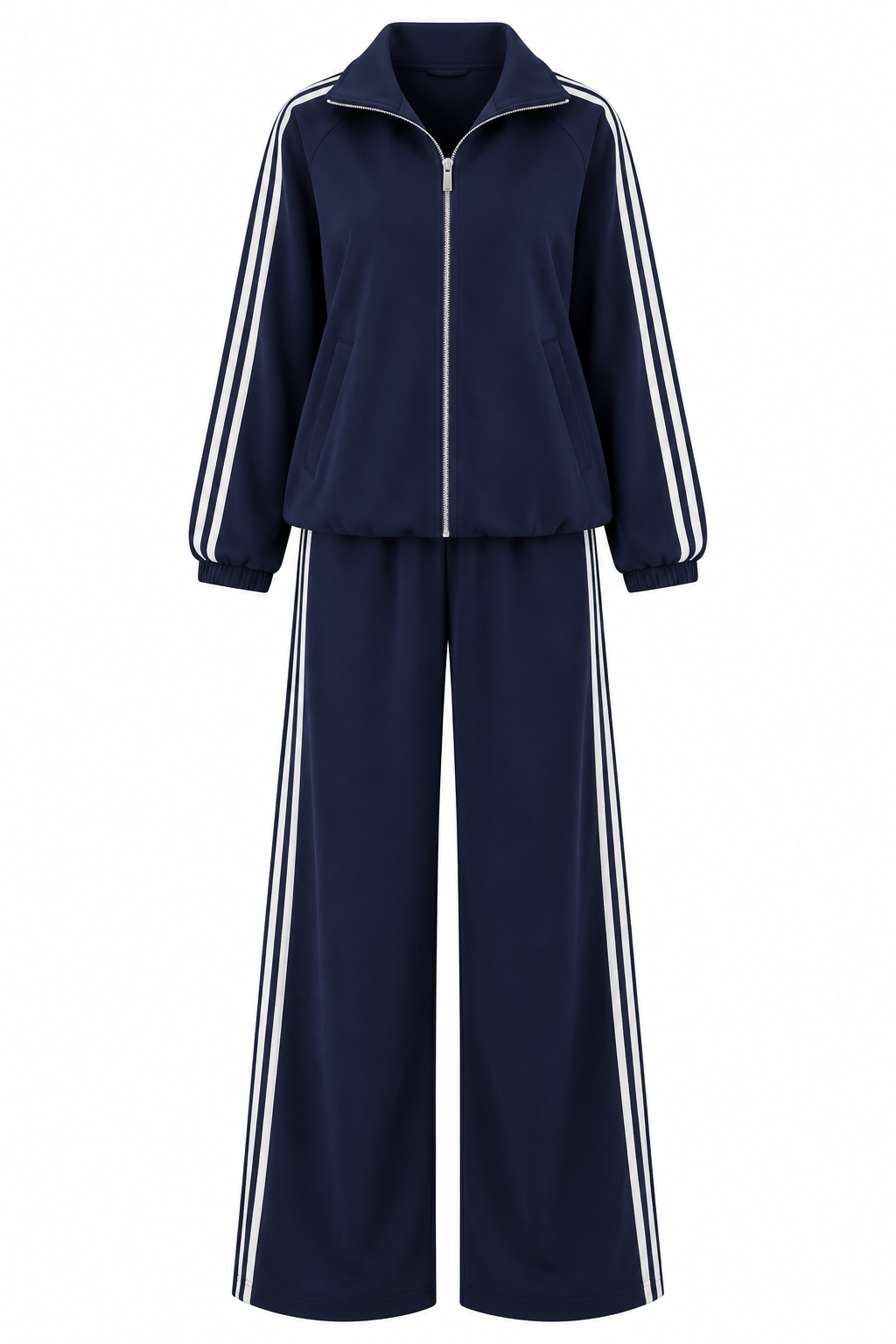 Zip-Up Tracksuit with White Side Stripes - navy blue