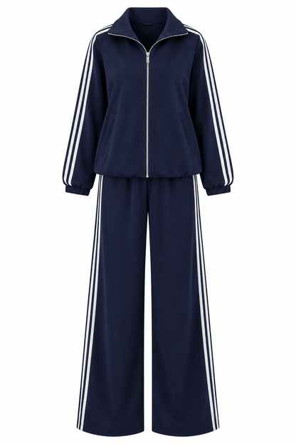 Zip-Up Tracksuit with White Side Stripes - navy blue