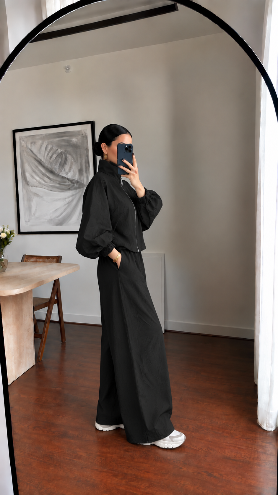 Parachute fabric wide sleeve tracksuit- black