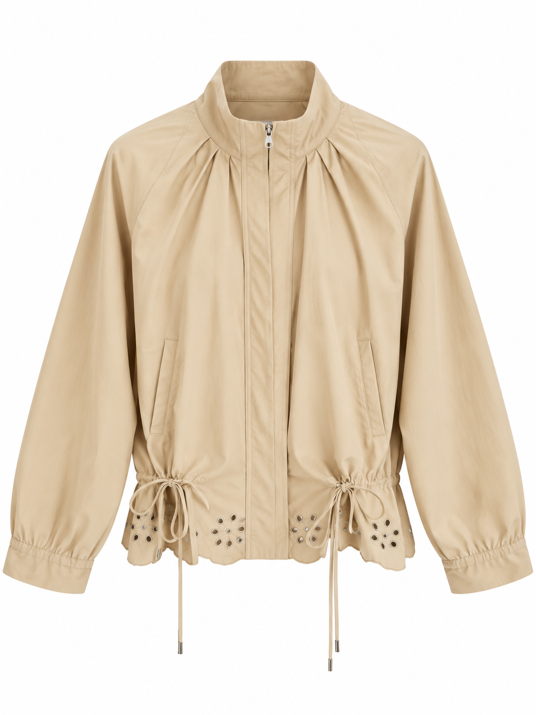 Jacket with Gathered Bottom and Embroidered Hem
