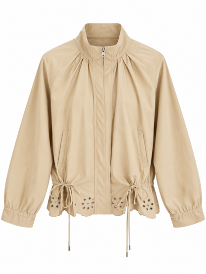 Jacket with Gathered Bottom and Embroidered Hem