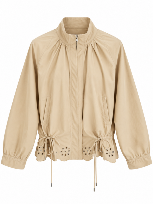 Jacket with Gathered Bottom and Embroidered Hem