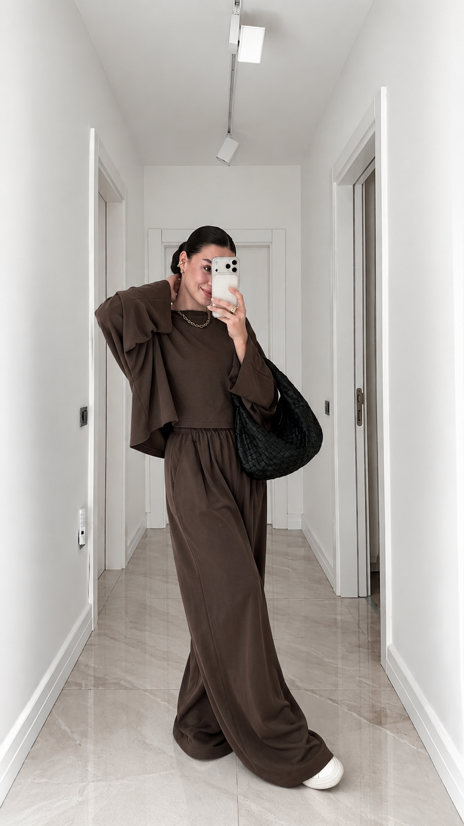 Cropped blouse Batwing Sleeve Detail Trousers Set - brown