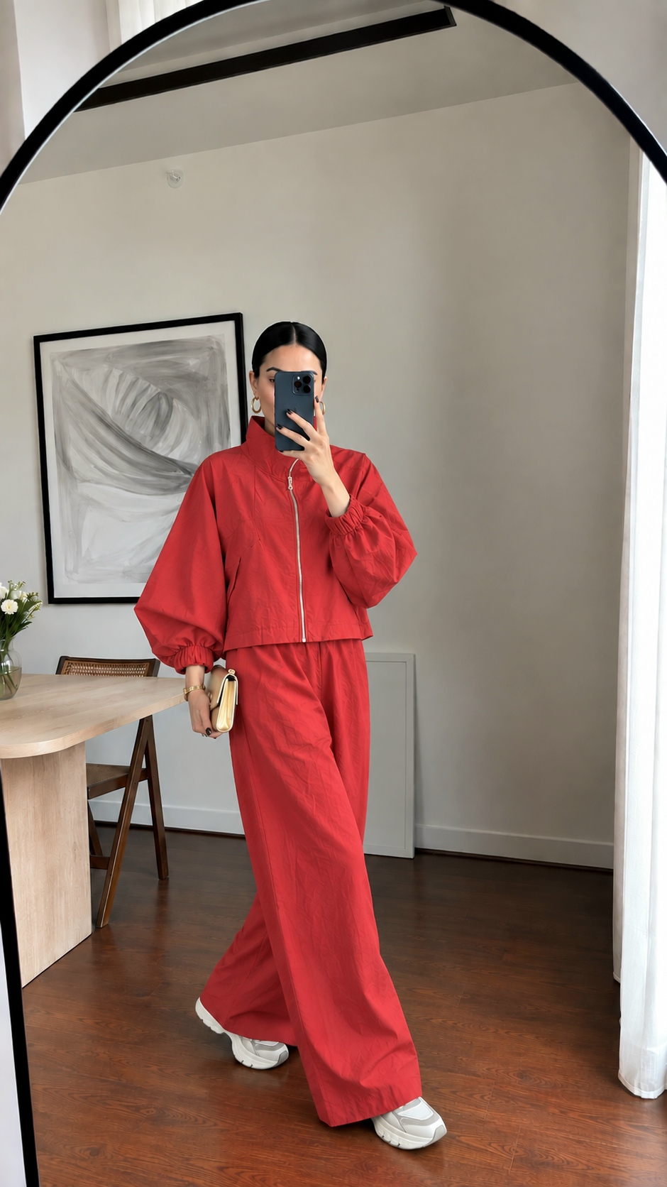 Parachute fabric wide sleeve tracksuit- red