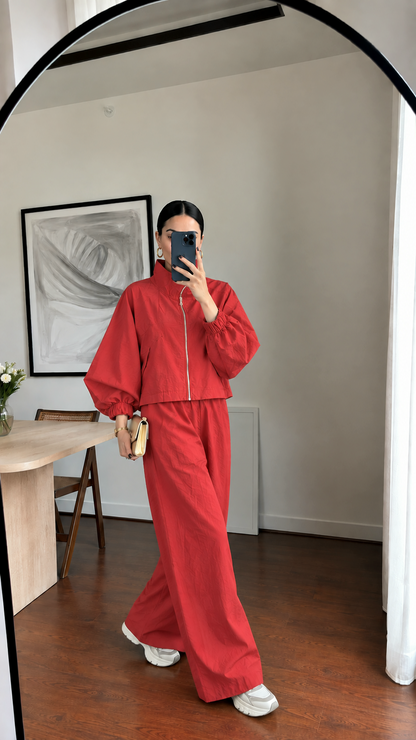 Parachute fabric wide sleeve tracksuit- red