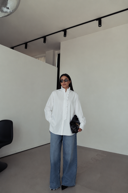 Zara Elegant Ruffle-Trim Oversized White Shirt