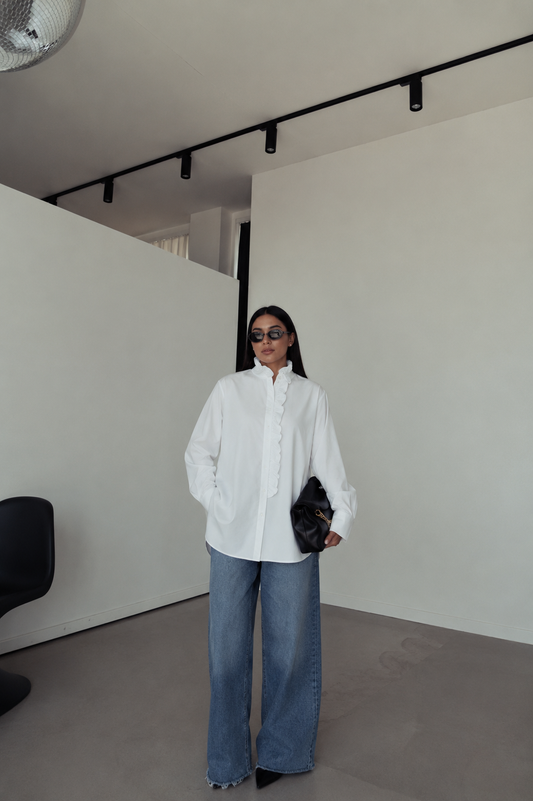 Zara Elegant Ruffle-Trim Oversized White Shirt